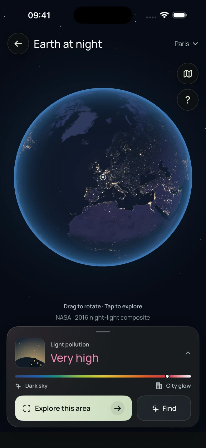 Noctis on iPhone, showing the Earth at night and light pollution